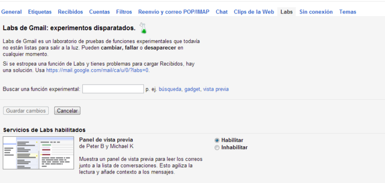 Como activar las funciones experimentales en gmail